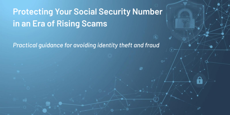 Abstract cybersecurity graphic with network lines and lock icons, illustrating protection of Social Security numbers from identity theft and scams.