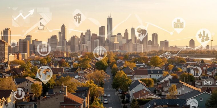 Credit union community reinvestment concept showing neighborhoods and financial data overlays representing CRA and fair lending impact.