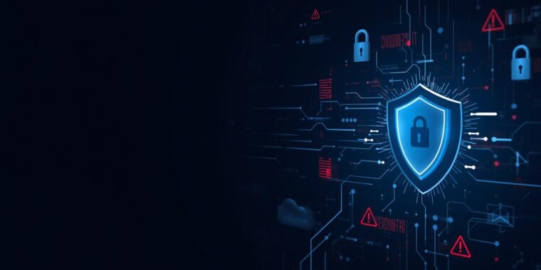 Digital cybersecurity illustration showing a shield protecting connected data networks, representing borrower data protection and fraud prevention in mortgage lending